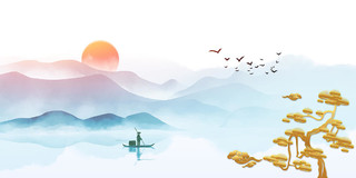 中国风意境水墨山水风景金色松树中式展板背景中式背景